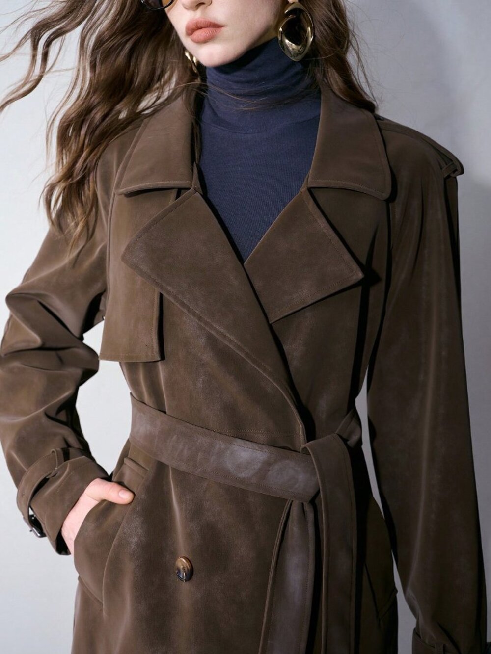 Mocha Brown Elegant Women's Long Trench Coat - Picture 5 of 6